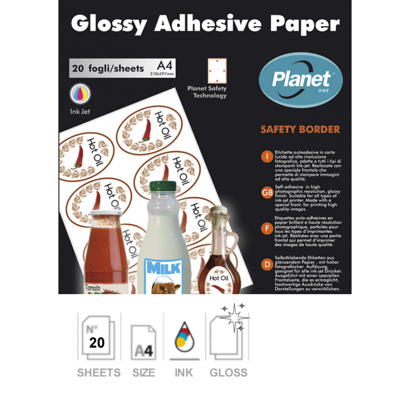 Etichette adesive su fogli A4 in carta lucida per stampanti ink